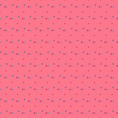 Pembe arka planda mavi ve kırmızı dört köşeli yıldız şekilli parlak, pürüzsüz bir desen. Oyuncu basit ve neşeli bir görünüşü var. Vektör.