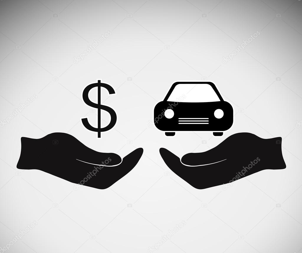 Hands with car and icon dollars. Exchanging concept. Flat design style. Vector illustration.