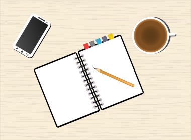 çay bardağı, defter ve ahşap bir masa üstünde hareket eden telefon