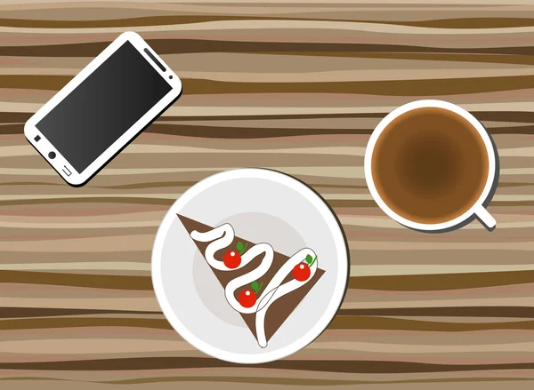 Taza de café, tarta y cuaderno sobre mesa de madera — Vector de stock