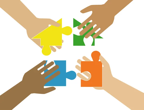 Fyra händer att sätta multicolor pusselbitar tillsammans. Lagarbete, samarbete, business, lösning, arbetskonceptet. — Stock vektor