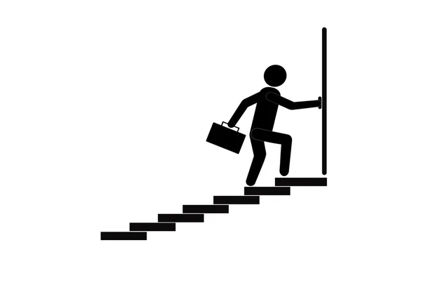 Homem caminhando em direção ao seu objetivo subir as escadas, passando por dificuldades e obstáculos. Símbolo de fé e diligência. Vetor —  Vetores de Stock