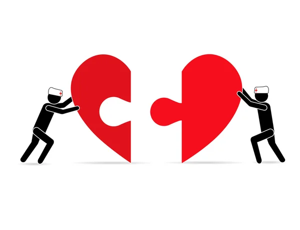 Duas pessoas empurrando pedaços de coração, reunindo-o em um. O conceito de cuidado, saúde, apoio, amor . — Vetor de Stock