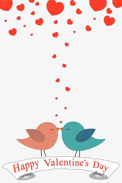 Két szerelmes madarak csók a menüszalagot üdvözlőlapot. Valentin-nap. Vektor kártya. — Stock Vector