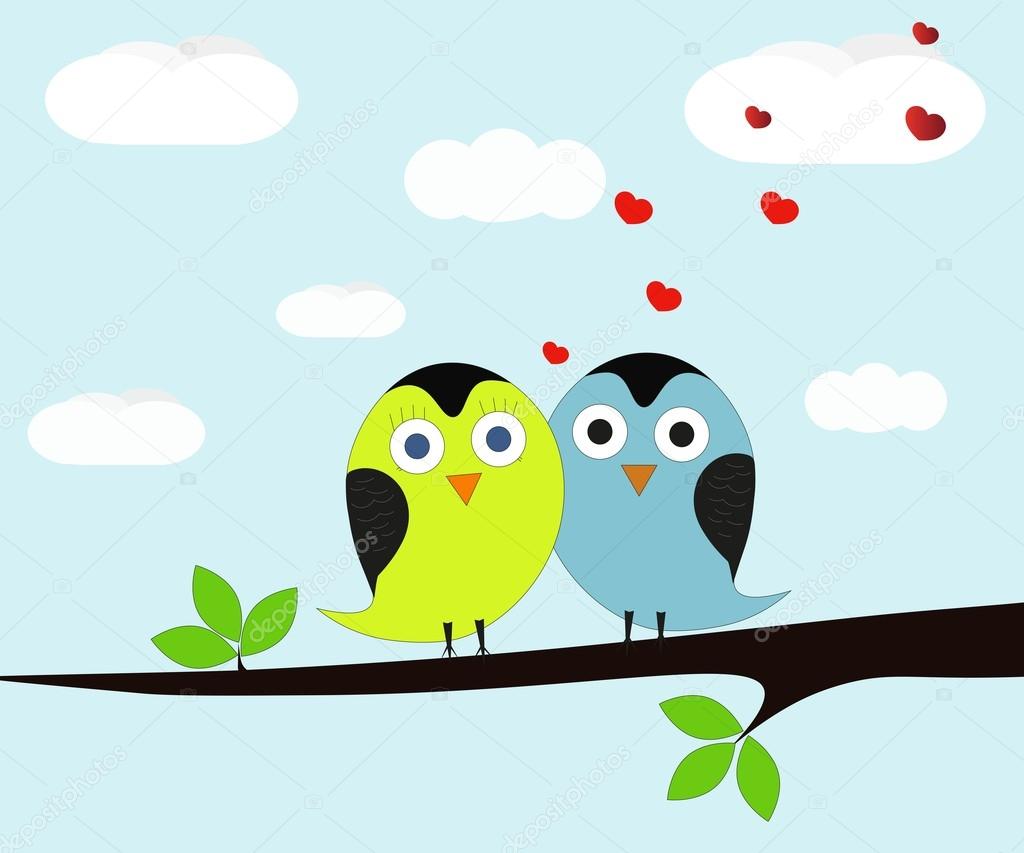 Two love birds sitting on a branch on a background of clouds. Vector.