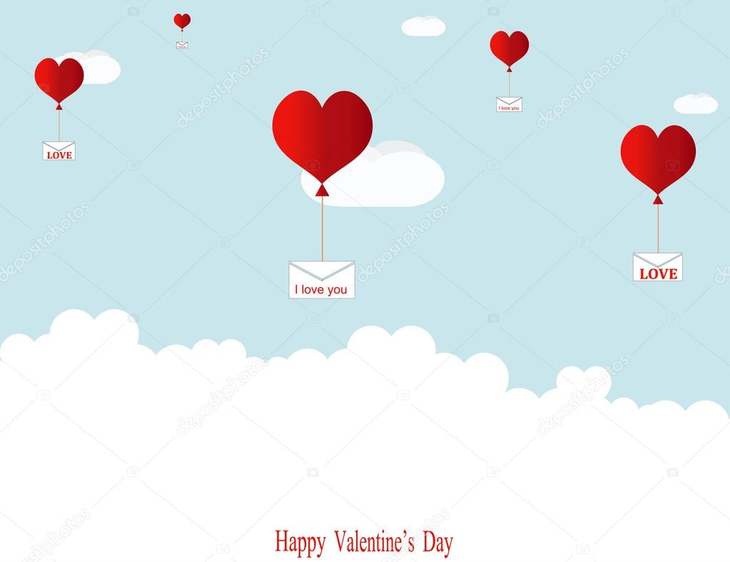Balloons in the shape of hearts are flying among the clouds, delivering love letters.