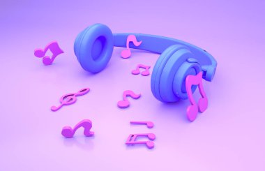 Kulaklıklar ve notalar. Bu 3 boyutlu bir çizim.