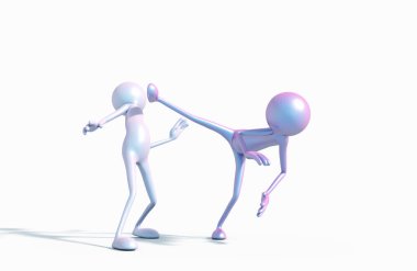 Dövüşen ve kung fu tekmeleyen adam rakibine tekme atıyor. Bu 3 boyutlu bir çizim çizimi