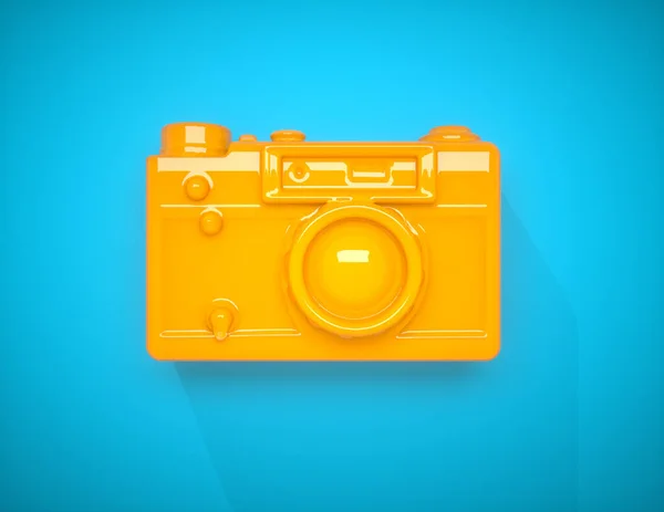 蓝色背景上的黄色相机 这是一个3D渲染说明 — 图库照片