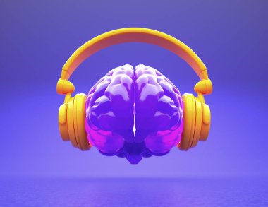 Kulaklıklı beyin. Zihin müziği konsepti. Bu 3 boyutlu bir çizim.