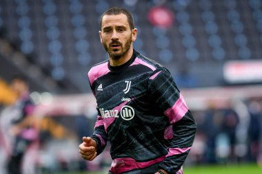 Leonardo Bonucci (Juventus) İtalya 'nın Udine şehrindeki Dacia Arena Stadyumu' nda oynanan 2020 / 2021 sezonunda oynanan Juventus FC maçının ısınma turu sırasında portresi.