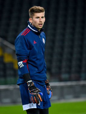 Guglielmo Vicario (Cagliari) İtalya futbol takımı Serie A 'nın 2020 / 2021 sezonunda İtalya' nın Udine kentinde bulunan Dacia Arena Stadyumu 'nda oynanan Cagliari Calcio maçında portresi.