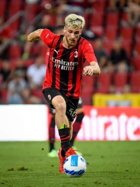 Alexis Saelemaekers (Milan), İtalya 'nın Trieste kentindeki Nereo Rocco Stadyumu' nda oynanan AC Milan-Panathinaikos FC maçında görev başındaki portresi.