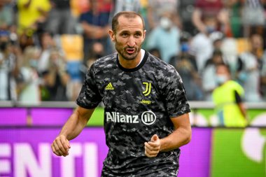 Giorgio Chiellini (Juventus) İtalya 'nın Udine şehrindeki Dacia Arena Stadyumu' nda oynanan Udinese Calcio - Juventus FC maçında 22 Ağustos 2021 'de oynanan ısınma maçında portresi