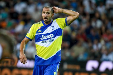 Giorgio Chiellini (Juventus) İtalya futbol takımı Serie A maçında Udinese Calcio ile Juventus FC 'nin Udine, İtalya' daki Dacia Arena stadyumunda oynadığı jestler, 22 Ağustos 2021 - Fotoğraf: Ettore Griffoni