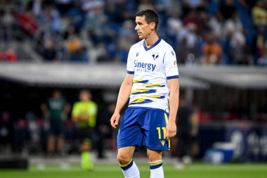 Kevin Lasagna (Verona) İtalya futbol takımı Serie A maçında Bologna FC - Hellas Verona FC maçı sırasında İtalya 'nın Bologna şehrinde yer alan Renato Dall & # 39; Ara stadyumunda oynamıştır.