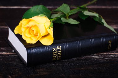 Sarı bir İncil, ahşap arka plan döşeme yükseldi. Metniniz için boş alan