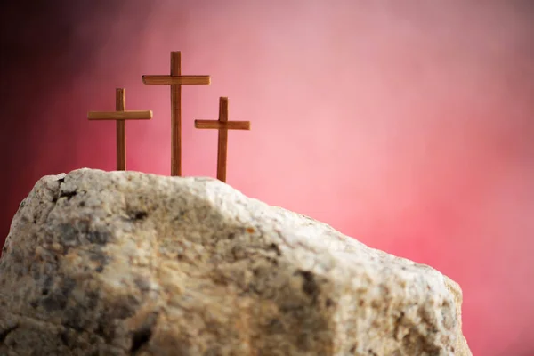 Three Crosses Red Sky Calvary Hill Background Crucifixion Resurrection Jesus — Stock Photo, Image