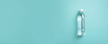 Mavi arka planda maden suyu olan plastik şişe. Üst Manzara. Dünya su günü. Uzayı kopyala Pankart. Kirlilik, çevre koruma kavramı. Küresel su krizi. Dünya su sorunları, çözümler.