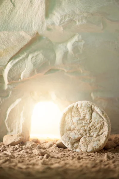 Jesus Christ resurrection. Christian Easter concept. Empty tomb of Jesus with light. Born to Die, Born to Rise. He is not here he is risen . Savior, Messiah, Redeemer, Gospel. Alive. Miracle