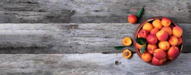 Ahşap arka planda yaprakları olan olgun kayısılar. Üst görünüm, boşluğu kopyala. Meyve pankartı. Sağlıklı vejetaryen yemekleri, detoks ya da diyet konsepti. Meyve yaz konsepti. Reçel için bir kase hasat edilmiş kayısı..