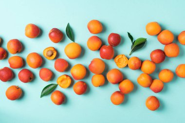 Mavi arka planda kayısı deseni var. Üst manzara, düz yatış. Taze yaz meyvesi konsepti. Yaratıcı tasarım. Sağlıklı vejetaryen yiyecekler, detoks veya diyet konsepti