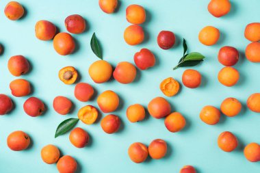 Mavi arka planda kayısı deseni var. Üst manzara, düz yatış. Taze yaz meyvesi konsepti. Yaratıcı tasarım. Sağlıklı vejetaryen yiyecekler, detoks veya diyet konsepti