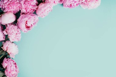 Çiçek desenli, pembe şakayıklardan yapılmış, mavi arka planda. Düz yerde, üst tarafta. Uzayı kopyala Sevgililer Günü geçmişi. Düğün, doğum günü, yıldönümü buketi. Kadın günü, Anneler günü.