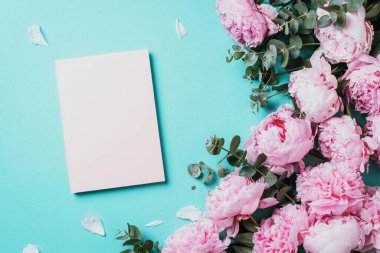 Not defteri, pembe şakayık, mavi arka planda okaliptüs çiçeği olan kadınsı çalışma alanı. Üst görünüm, boşluğu kopyala. Blogcu, kadınsı iş konsepti. Düz yatıyordu. Doğum günü, Kadın Günü. Model.