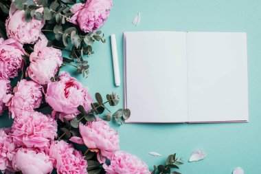 Not defteri, pembe şakayık, mavi arka planda okaliptüs çiçeği olan kadınsı çalışma alanı. Üst görünüm, boşluğu kopyala. Blogcu, kadınsı iş konsepti. Düz yatıyordu. Doğum günü, Kadın Günü. Model.