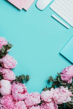 Beyaz bilgisayar klavyesi, fare, şakayık çiçekleri, mavi arka planda okaliptüs çiçekleri. Üst Manzara. Uzayı kopyala Düz yatıyordu. Kadınsı çalışma alanı. Blogger, iş konsepti. Model yap. Doğum günü, Kadın Günü