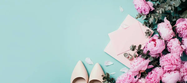 Fashion Feminine Blogger Concept Feminine Workspace Notebook Shoes Pink Peony — Stock Photo, Image