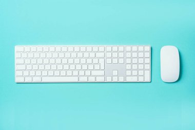 Mavi arka planda beyaz fare ve klavye. Üst Manzara. Uzayı kopyala Düz yatıyordu. Uzaktan kumanda, iş. Merkez ofis çalışma alanı. Kadınsı çalışma alanı. Blogger, iş konsepti. Model.