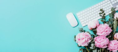 Kadınsı çalışma alanı. Beyaz bilgisayar klavyesi, fare, şakayık çiçekleri, mavi arka planda okaliptüs çiçekleri. Üst Manzara. Uzayı kopyala Düz yatıyordu. Blogger, iş konsepti. Model yap. Doğum günü, Kadın Günü