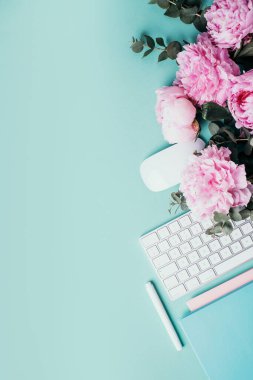 Kadınsı çalışma alanı. Beyaz bilgisayar klavyesi, fare, şakayık çiçekleri, mavi arka planda okaliptüs çiçekleri. Üst Manzara. Uzayı kopyala Düz yatıyordu. Blogger, iş konsepti. Model yap. Doğum günü, Kadın Günü