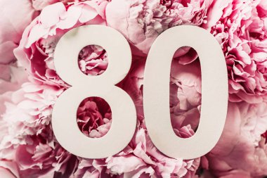 Şakayık çiçekleri, seksen numara. 80 yazılı doğum günü tebrik kartı var. Yıldönümü konsepti. Üst Manzara. Çiçek arka planında beyaz numara. Sayısal rakam, kutlama olayı, şablon, broşür.