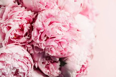 Düğün, doğum günü, yıldönümü buketi. Pastel arka planda pembe şakayık çiçeği. Uzayı kopyala Renkli pastel çiçekli kompozisyon. Kadınlar günü, anneler günü. Şakayık çiçekleri..