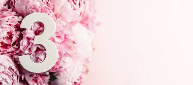 Yaratıcı düzen. Pembe şakayık çiçekleri ve üç haneli rakamlar. Doğum günü tebrik kartı. Yıldönümü konsepti. Üst Manzara. Uzayı kopyala Çiçek arkaplanının üzerinde zarif beyaz bir rakam. Sayısal rakam