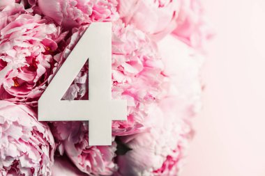 Yaratıcı düzen. Pembe şakayık çiçekleri ve 4 haneli rakamlar. Doğum günü tebrik kartı. Yıldönümü konsepti. Üst Manzara. Uzayı kopyala Çiçek arkaplanının üzerinde zarif beyaz bir rakam. Sayısal rakam
