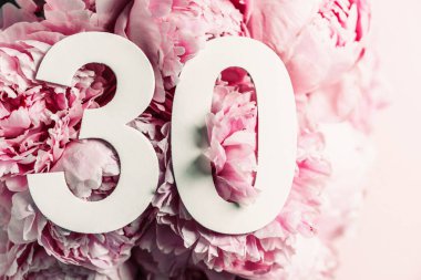 Şakayık çiçekleri, otuz haneli rakamlar. Doğum günü tebrik kartında 30 yazılıydı. Yıldönümü konsepti. Üst Manzara. Çiçek arka planında beyaz numara. Sayısal rakam, kutlama olayı, şablon, broşür.