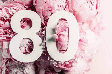 Şakayık çiçekleri, seksen numara. 80 yazılı doğum günü tebrik kartı var. Yıldönümü konsepti. Üst Manzara. Çiçek arka planında beyaz numara. Sayısal rakam, kutlama olayı, şablon, broşür.