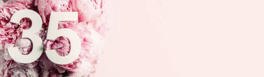 Şakayık çiçekleri, 35 numara. Doğum günü tebrik kartında 35 yazılıydı. Yıldönümü konsepti. Üst Manzara. Çiçek arka planında beyaz numara. Sayısal rakam, kutlama olayı, şablon, broşür.