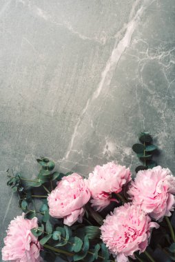 Çiçek deseni, pembe şakayıklardan yapılmış çerçeve, mermer arka planda okaliptüs çiçekleri. Düz yerde, üst tarafta. Uzayı kopyala Düğün, doğum günü, yıldönümü buketi. Sevgililer Günü, Kadınlar Günü, Anneler Günü