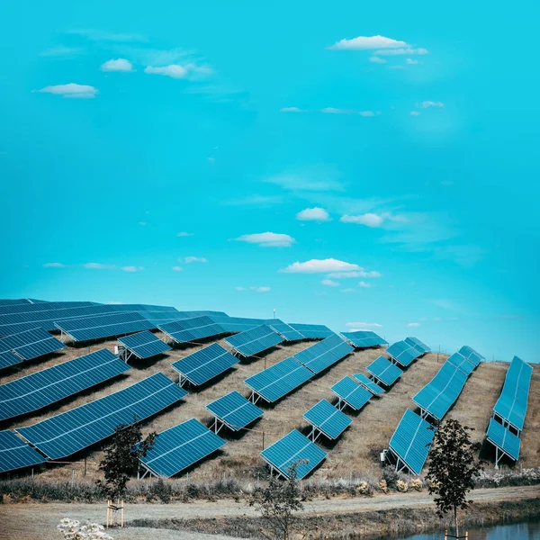 Solar panels against blue sunny sky produce green, environmentally friendly energy from sun. Blue solar panel background of photovoltaic modules for renewable energy. Copy space.