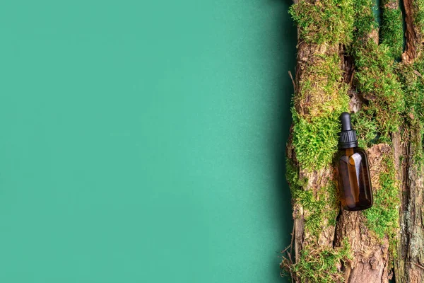 Yeşil arka planda etiketsiz kozmetik şişesi dalların üzerinde doğal yosun, ağaç kabuğu. Cilt bakımı, organik vücut bakımı, spa konsepti. Vegan çevre dostu kozmetoloji ürünü. Organik Kozmetik