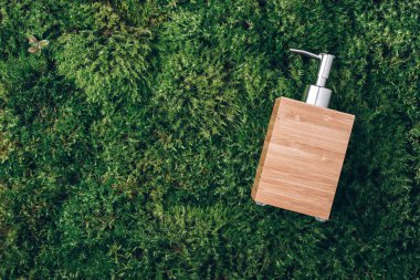 Yeşil yosun arka planında bambu sabun dağıtıcısı. Üst Manzara. Uzayı kopyala Cilt bakımı, vücut bakımı, spa konsepti. Vegan çevre dostu, organik kozmetik. Biyofilik tasarım, vahşi doğa..