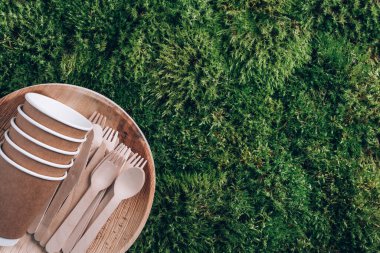 Doğal malzemelerden tek kullanımlık sofra takımı. Bambu tabakları, tahta kaşık, çatal, bıçak, yeşil yosun kaplı kağıt bardaklar. Çevre dostu sürdürülebilir yaşam tarzı, tek kullanımlık aletler. Sıfır atık.