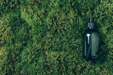 Yeşil cam şampuan, sabun, yeşil yosun kaplama saç kremi. Biyofilik tasarım. Üst görünüm, boşluğu kopyala. Model için boş etiket. Cilt bakımı, organik vücut tedavisi, spa konsepti.