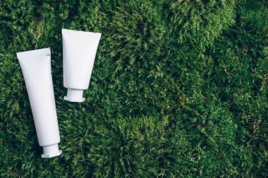 Krema kavanozu, nemlendirici losyon, şampuan ya da yeşil yosun arka planında beyaz boş şişe içindeki diğer kozmetik ürünler. Cilt bakımı, organik vücut bakımı, spa konsepti. Vejetaryen çevre dostu. Biyofilik tasarım.