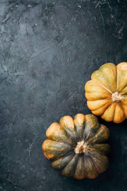 Siyah arka planda organik balkabağı. Üst Manzara. Düz yatıyordu. Reklam için yer ayır. Sonbahar hasat fuarı. Şükran Günü. Altın sarısı sonbahar